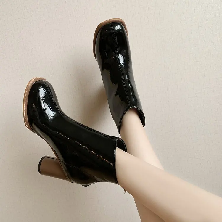 

Black Beige Patent Leather 8 Cm High Heel Ankle Boots for Women 2019 Square Toe Winter Fashion Short Booties for Ladies