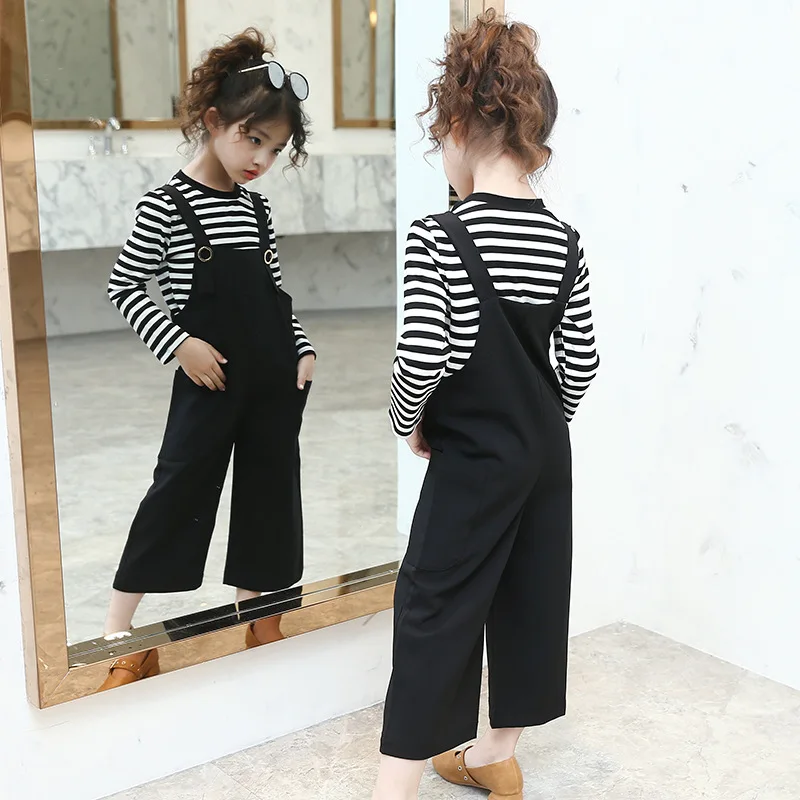 

2019 Autumn New Style Big Virgin Girls Childrenswear Fashion-Style Striped Shirt Capri Suspender Pants Set