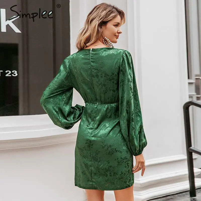 Simplee Sexy v-образным вырезом короткое вечернее платье Фонарь однобортный мини-платье Зеленая вечернее платье