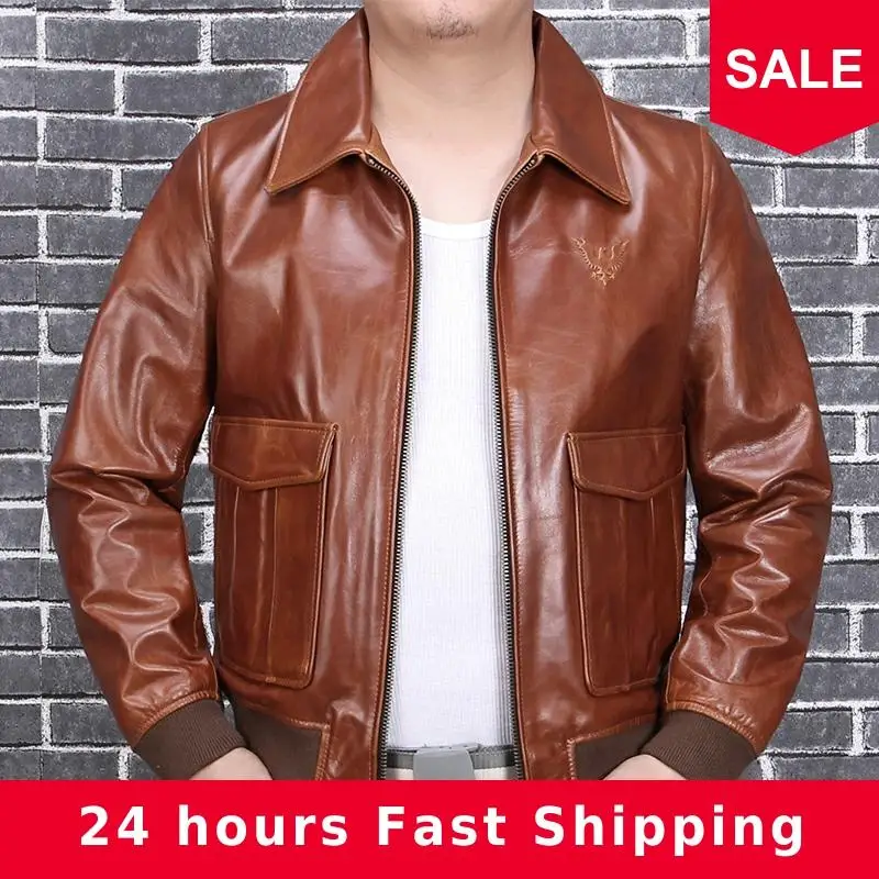 

2019 Brown Men Double Pockets Pilot Leather Jacket Large Size XXXL Genuine Cowhide Autumn Military Aviator Leather Coat