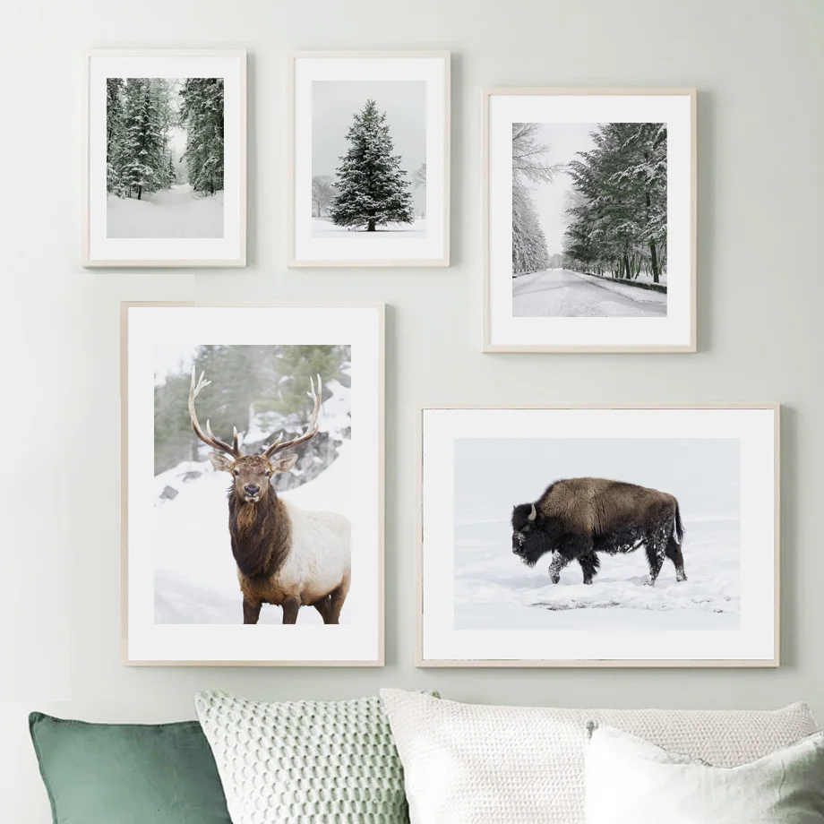 Wall-Art-Canvas-Painting-Winter-Hill-Snow-Forest-Pine-Deer-Bison-Nordic-Posters-And-Prints-Wall