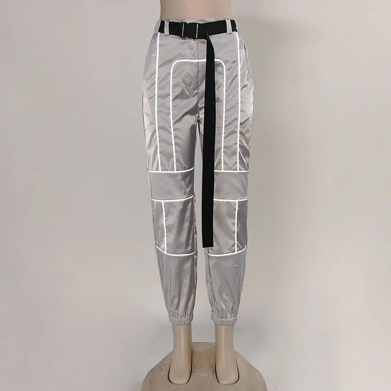 Chicology Пряжка ремень флэш светоотражающие полосы уличная длинные брюки Высокая талия женские брюки осень зима женская одежда