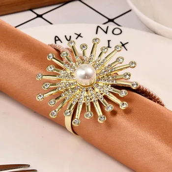 

12pcs Rhinestone Flower Bead Napkin Rings Sunflower Design Wedding Parties Dinners Christmas Decoration Napkin Holder