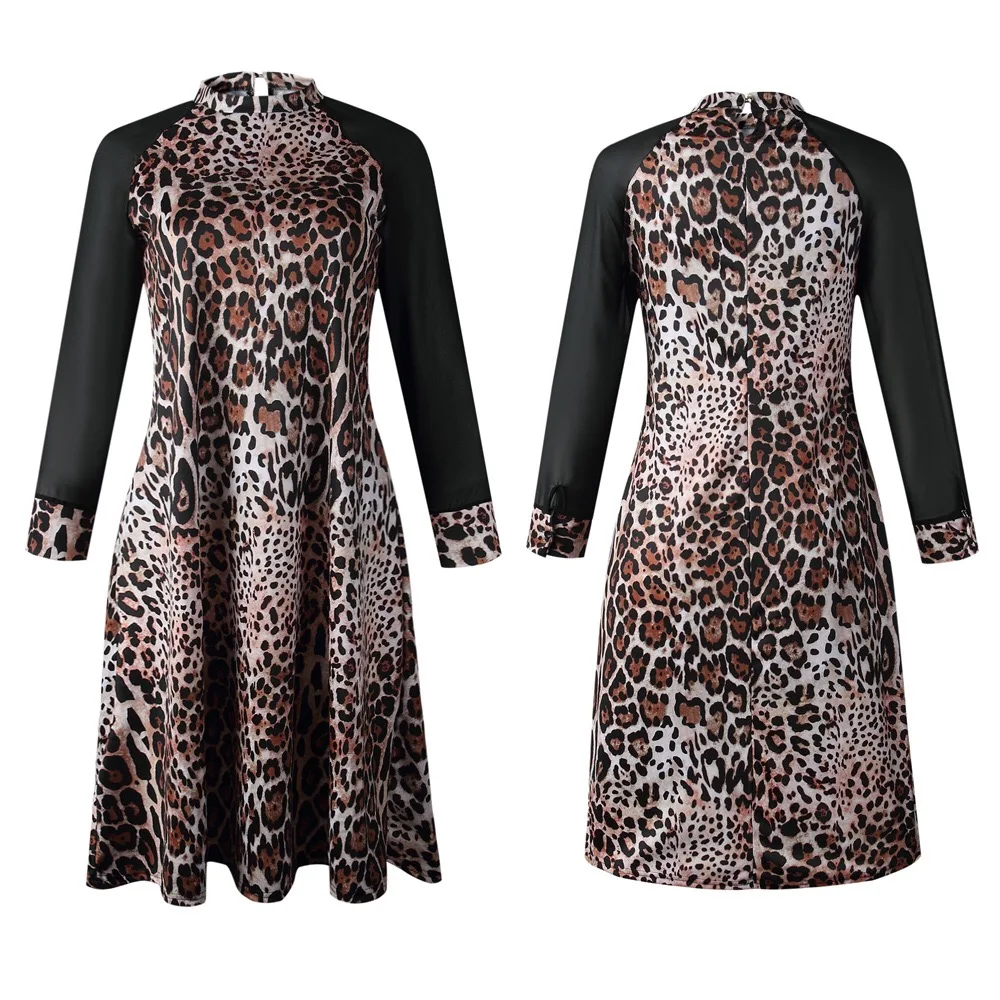 African fashionable dress leopard pattern stitching mesh long sleeve commuter fat mother dress