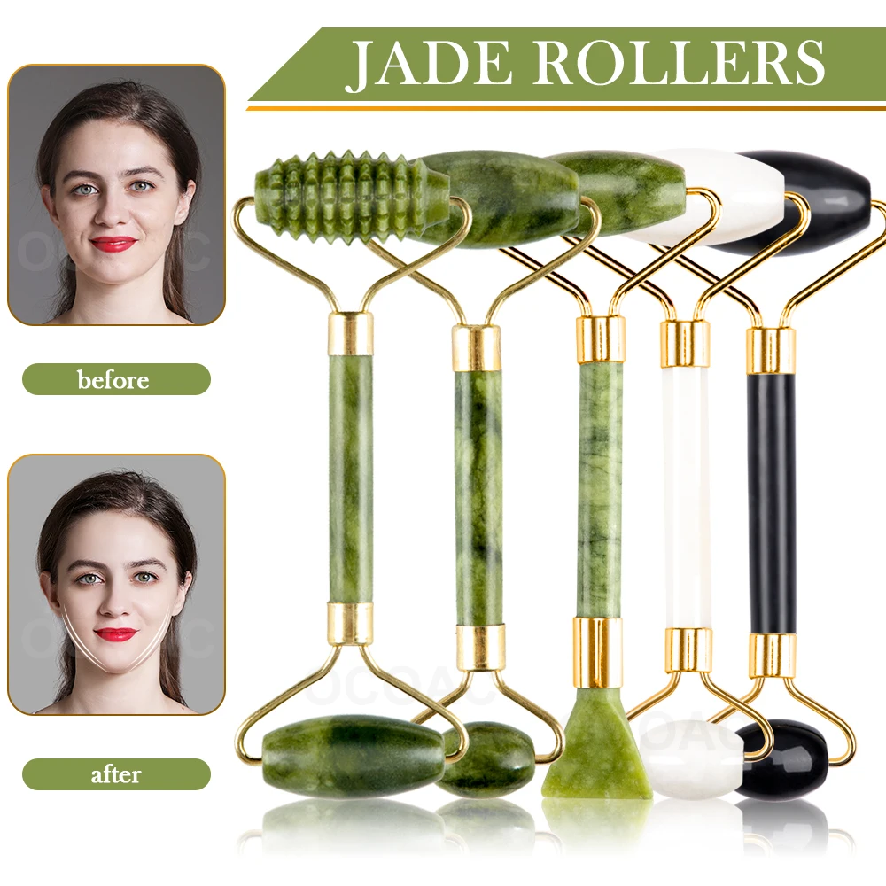 Rodillo de Jade verde Natural para masaje Facial, rodillo de masaje adelgazante para el cuidado de la piel