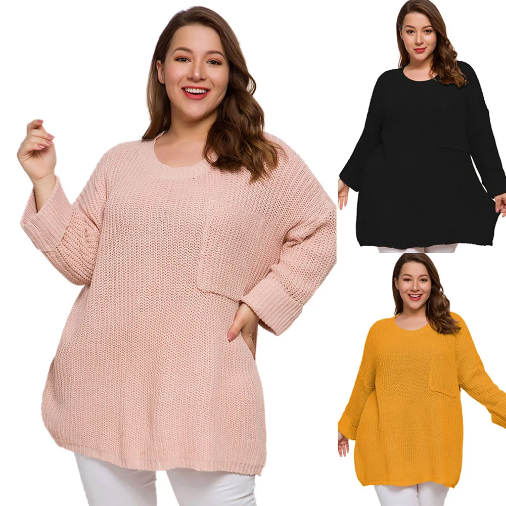 

Fadzeco Women Plus Size Knitted Sweater Long Sleeve Autumn Winter Round Neck Solid Casual Loose Tunic Tops Jumper