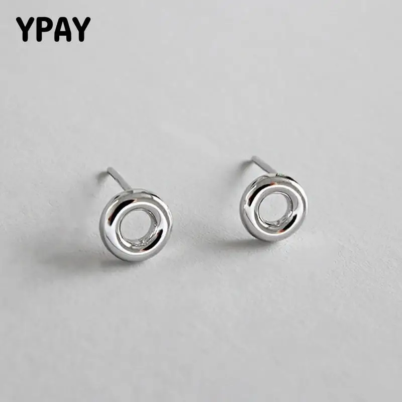 

YPAY 100% Real 925 Sterling Silver Minimalism Round Circle Stud Earrings for Women Donut Brinco Earring Fine Jewelry YME341