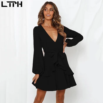 

Plus Size Dress Women New Vestidos Mujer Ukraine Maxi Autumn And Dress European American Lotus Leaf Long-sleeved V-neck Women's