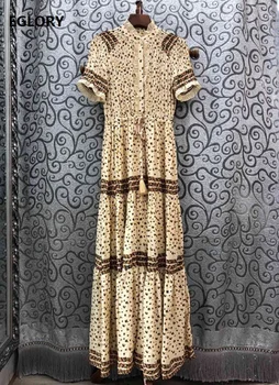

Long Dress 2020 Spring Fashion Style Women Ruffled Collar Small Little Floral Print Short Sleeve Long Beach Maxi Dress Yellow