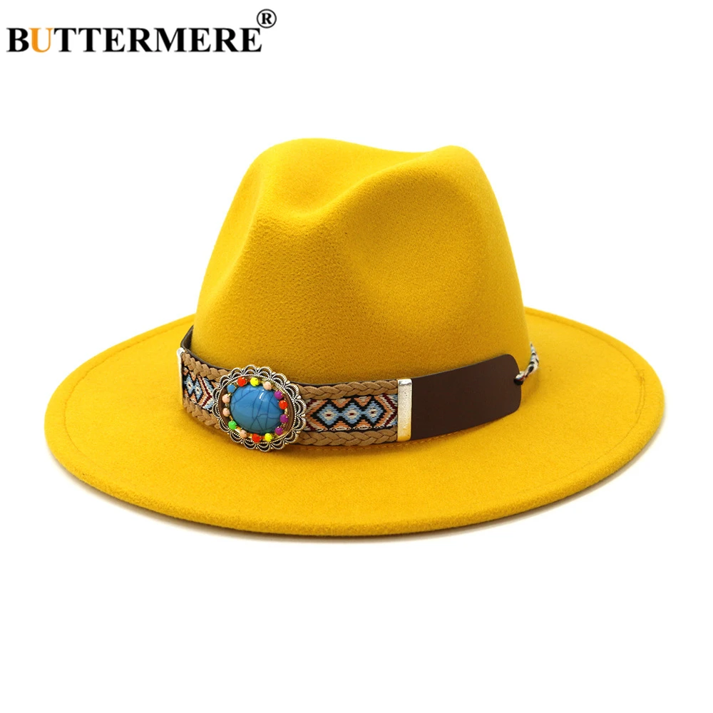 

BUTTERMERE Yellow Felt Hat Women Men Wide Brim Wool Jazz Fedora Hats Panama Trilby Cap Autumn Winter Vintage Male Female Hat