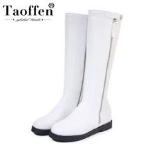 Taoffen/женские сапоги до колена черного и белого цвета повседневные зимние высокие сапоги на плоской подошве с круглым носком на молнии теплая обувь на меху размер 32-43