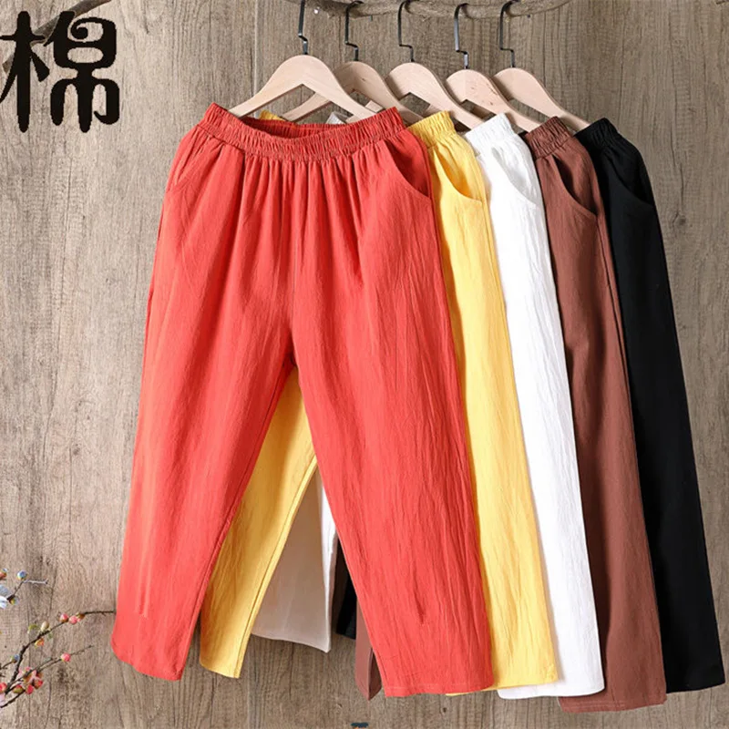 Oversize Women Elastic Waist Ankle Pants Casual Cotton and Linen Pants Loose Capri Harem Trousers Female Summer Solid Color Pant Oversize Women Elastic Waist Ankle Pants Casual Cotton and Linen Pants Loose Capri Harem Trousers Female Summer Solid Color Pant
