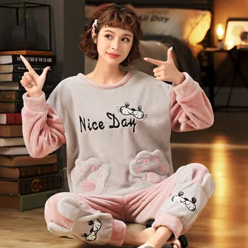 

Women's Pajamas Autumn and Winter Pajamas set Women Long Sleeve Sleepwear Flannel Warm Lovely Tops + Pants Sleep Pyjama Female