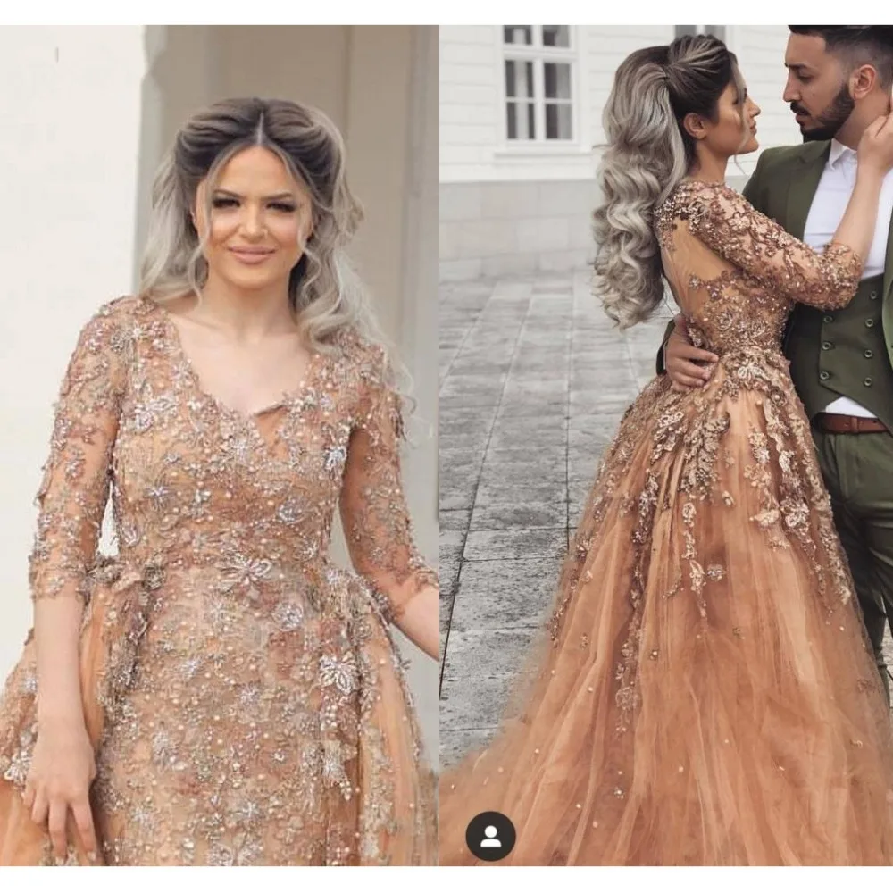 Pretty-Champagne-Lace-Mermaid-Evening-Dresses-With-Detachable-Train-Modest-Three-Quarter-Sleeves-Prom-Gowns-Vestidos