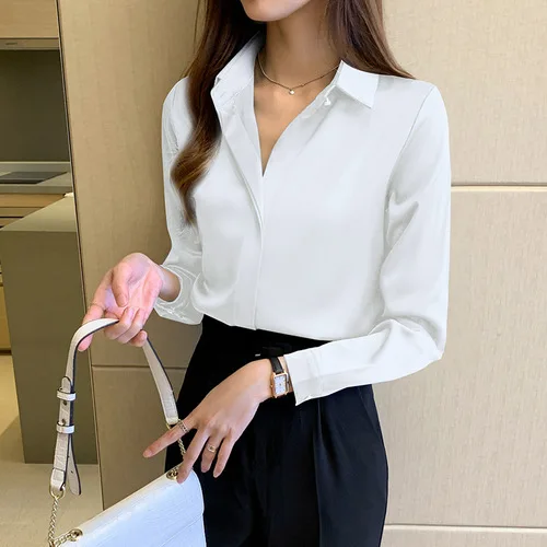 Silk Women's Shirt Long Sleeve Fashion Woman Blouses 2022 Satin Top Female Shirts and Blouse Basic Ladies Tops OL Women Clothing white