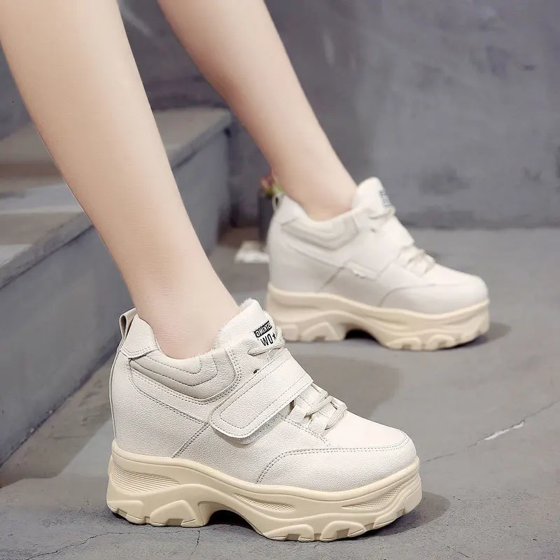 autumn 9CM Beige Новые женские зимние ботильоны на платформе г. Кроссовки на танкетке теплые зимние ботинки на меху Женская хлопковая обувь на толстой подошве и высоком каблуке 9 см - Цвет: autumn 9CM Beige