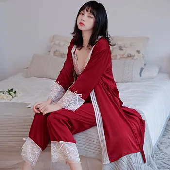 

Young Lady Sexy Lace Trim Pijamas Sleep Set Lounge Bridal Wedding Sleepwear 3PCS Pajamas Suit 2020 Spring New Robe&shirt&pants