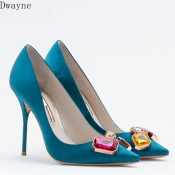 

Color rhinestone square buckle satin pointed high heel stiletto sexy shallow mouth women's shoes bride wedding shoes large size
