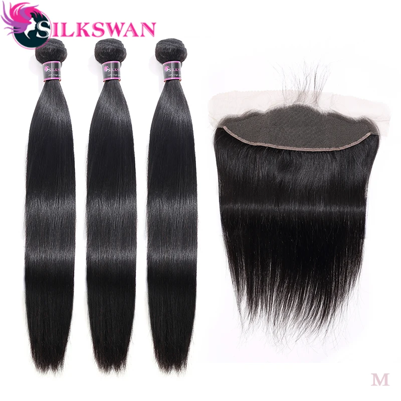 Silkswan волосы индийские прямые 13x4 кружева Фронтальная с 3 пряди Remy человеческие волосы часть