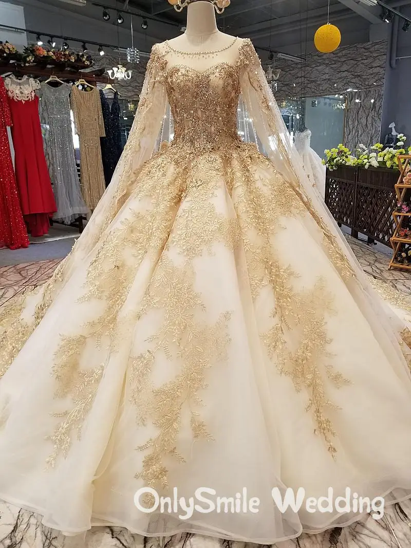 

Luxury Gold Wedding Dress Vintage High-end Long Sleeved Lace Sequins Ball Gown Bling Bridal Gowns La estrella de mar trouwjurk