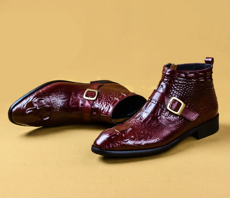 

Fashion Mens Zipper Booties Genuine Leather Men Ankle Boots Crocodile Pattern Dress Shoes Fashion Buckle Basic Boots