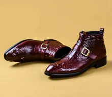 Fashion Mens Zipper Booties Genuine Leather Men Ankle Boots Crocodile Pattern Dress Shoes Fashion Buckle Basic Boots