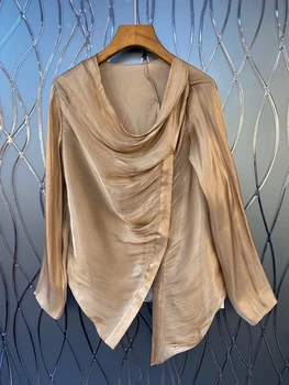 

2020 Spring and Summer New Women's round Neck Irregular Twist Wrinkle Button Long Sleeve Solid Color Shirt 704