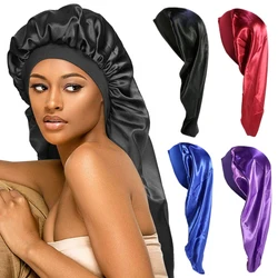1PC Women's Solid Stretch Satin Long Tail Nightcap Ethnic Style Beauty Salon Bonnets Female Fashion Hair Accessories Shower Cap