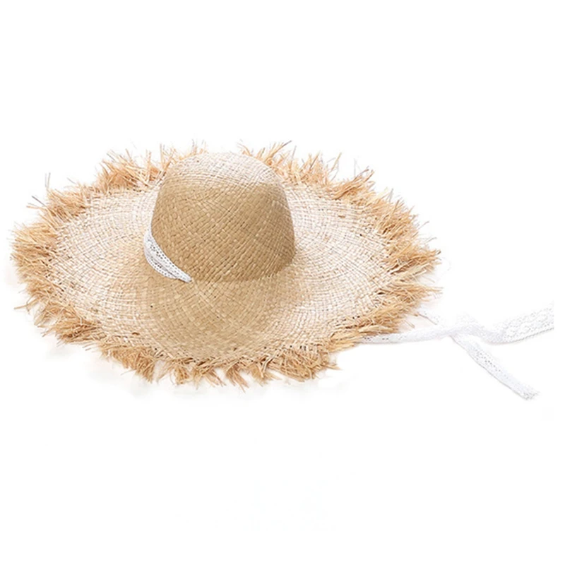 

Lace Strap Straw Hat Bow Wide Grass Female Summer Cap Beach Visor Outdoor Holiday Beach Sun Protection Hat Collapsible