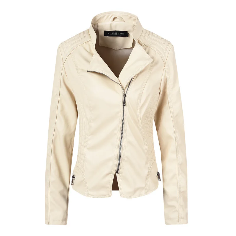 beige Осенне-зимние куртки из искусственной кожи женские куртки на молнии с отложным воротником черные и красные мотоциклетные куртки для девочек Милая Короткая Верхняя одежда - Цвет: beige