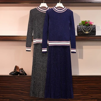 

High Quality Autumn Winter 2 Piece Set Women Striped Knitted Sweater Pullover + Pleated Long Skirt Set Women Two Piece Outfits