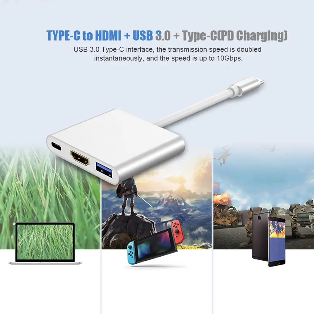 Мини-адаптер с разъемами типа C на HDMI+ PD для зарядки питания и USB3.0 для игровой консоли