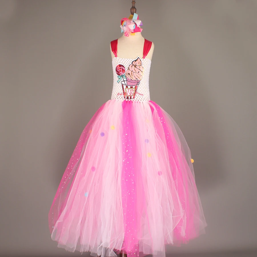Ice Cream Sweet Candy Girls Tutu Dress with Hair Bows Kids Birthday Tutu Costume Pageant Princess Gown Dress Lollipop Dress (10)
