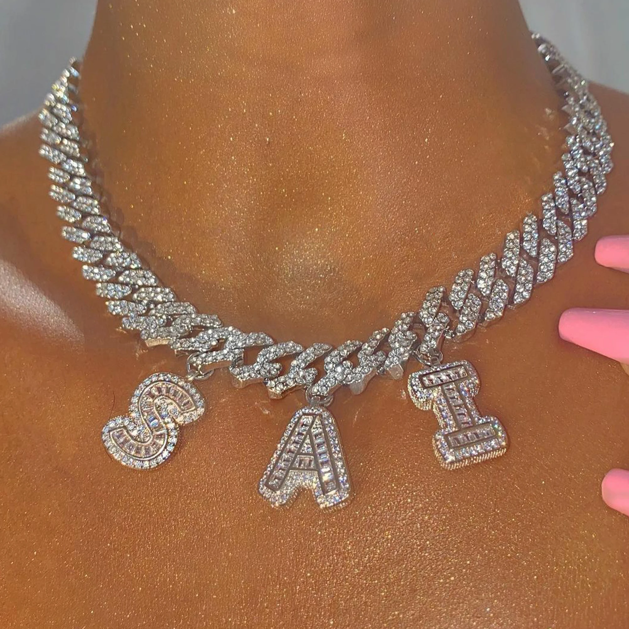 Monogram&Name Necklaces Custom Icy Baguette Letters Necklace Cuban Chain with Personalized Name Choker Icy Blingbling Jewelry