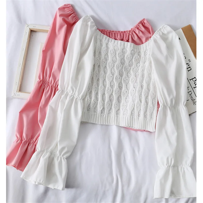 New Spring Women Slash neck Knitted Pullovers Chiffon Patchwork Sweater Female Bottoming Flare Sleeve Knitwear Short Tops AB1776|Pullovers| - AliExpress