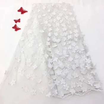 

2019 Latest French Net Lace Fabric 3D Flower High Quality African Tulle Mesh Lace Fabric With Beaded Wedding Lace Dress RF3031