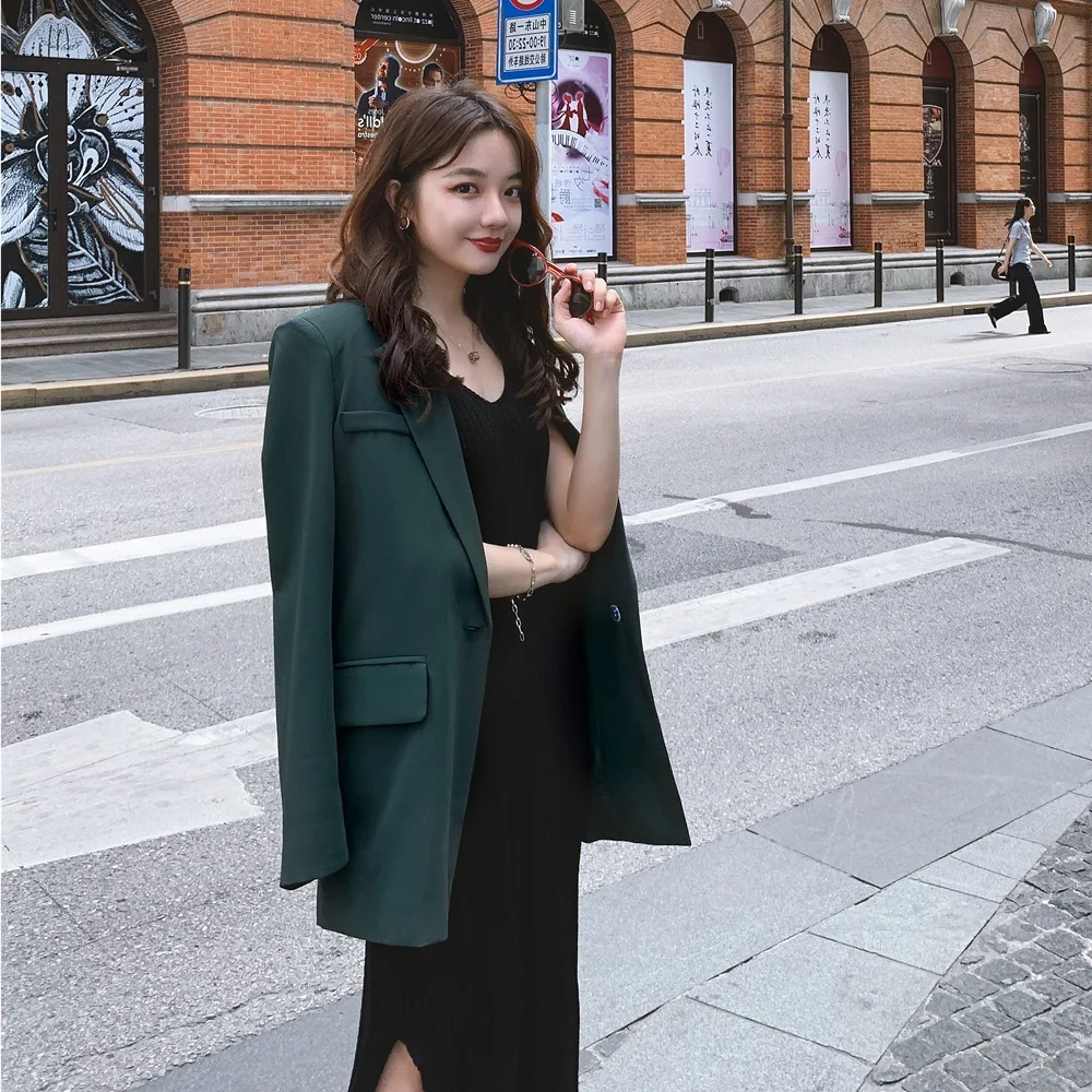 

Photo Shoot Hong Kong Style Dark Green Small Suit 2020 Spring And Autumn New Style Hipster Vintage Laziness-Style Short Jacket