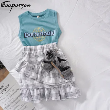 

Gooporson Girls Outfits Summer Letter Printed Sleeveless Top&plaid Skirt Little Kids Clothing Set Fashion Children Outfits