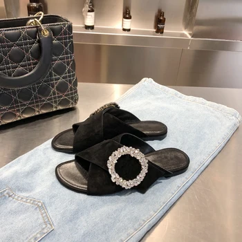 

Women's Shoes Fashion Hapucky New Summer Slippers Genuine Leather Flat Shoes Brands Designers Ladies Slippers Hot Sell Slides