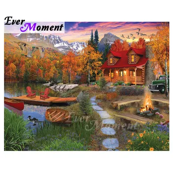 

Ever Moment Diamond Painting Home Decoration Boat River House Bonfire Landscape Full Square Drill Diamond Embroidery 3F2269