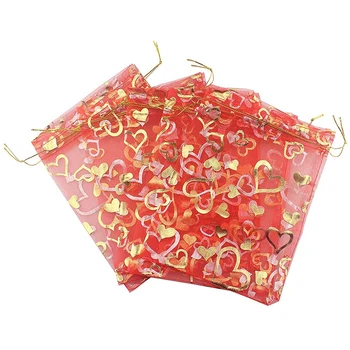 

100 PCS 9X12cm Heart Printed Red Organza Bags Jewelry Pouch Bags Organza Drawstring Pouches Wedding Favors Candy Gift Bags