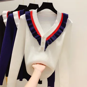 

Knitted Sweater Women 2020 Autumn and Winter New Bottomshirt Lotus Leaf Side Long-sleeved Ins Runway Sweater Sweaters Jumper