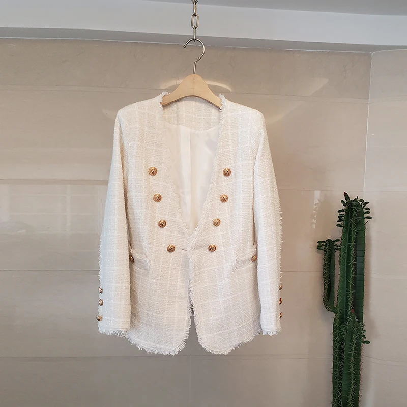 and autumn winter new female V-neck metal buckle decorative jacket tassel rough tweed small suit