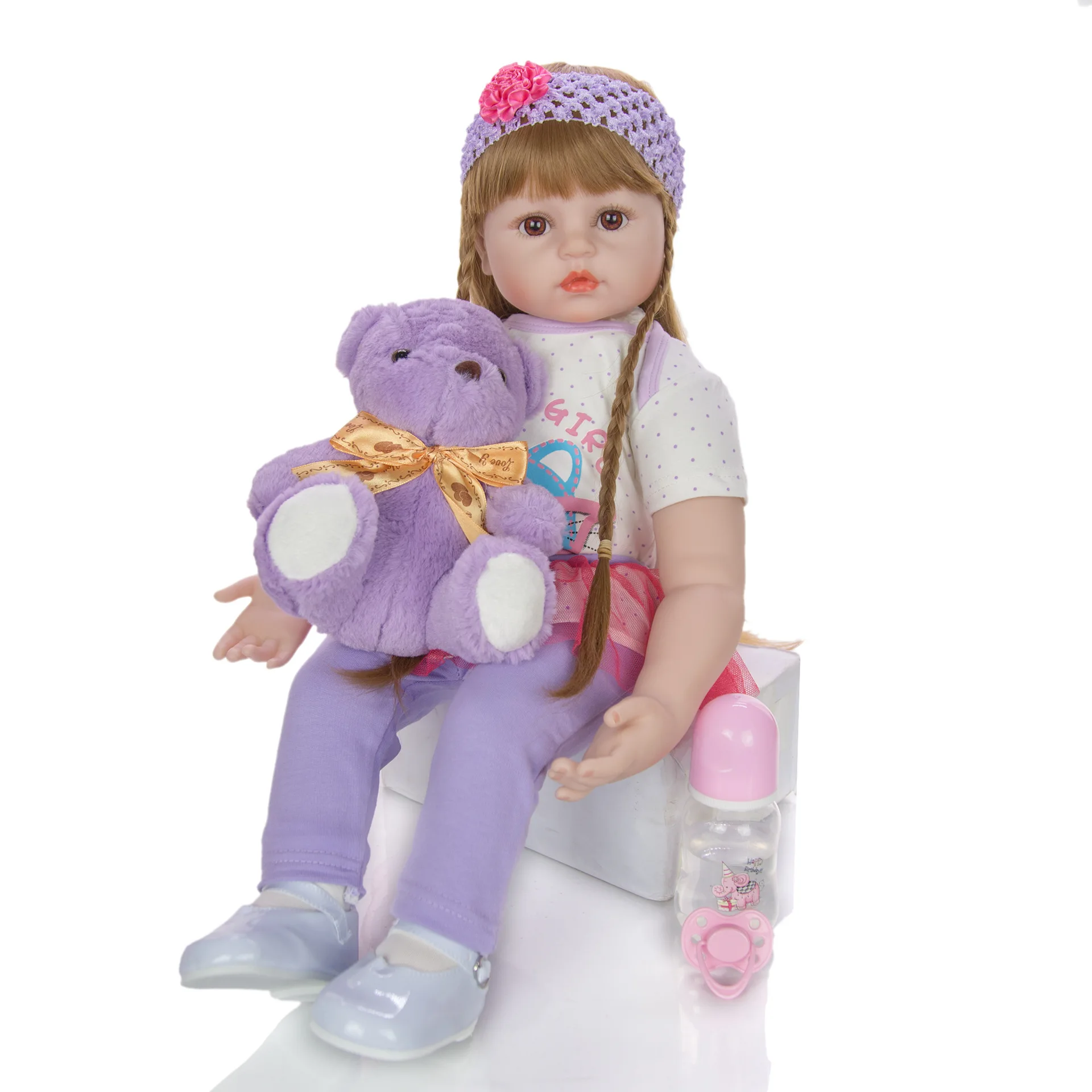 Long hair 60CM bebe doll reborn toddler girl doll in purple dress stuffed body soft silicone realistic baby reborn toy gift