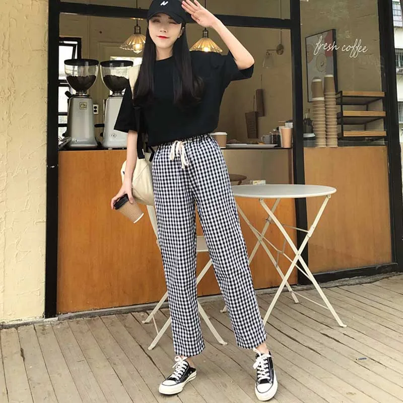 Vintage High Waist Plaid Pants Women Casual Sports Pants Lady 2020 Summer New Fashion Korean Plus Size Student Wide Leg Trousers
