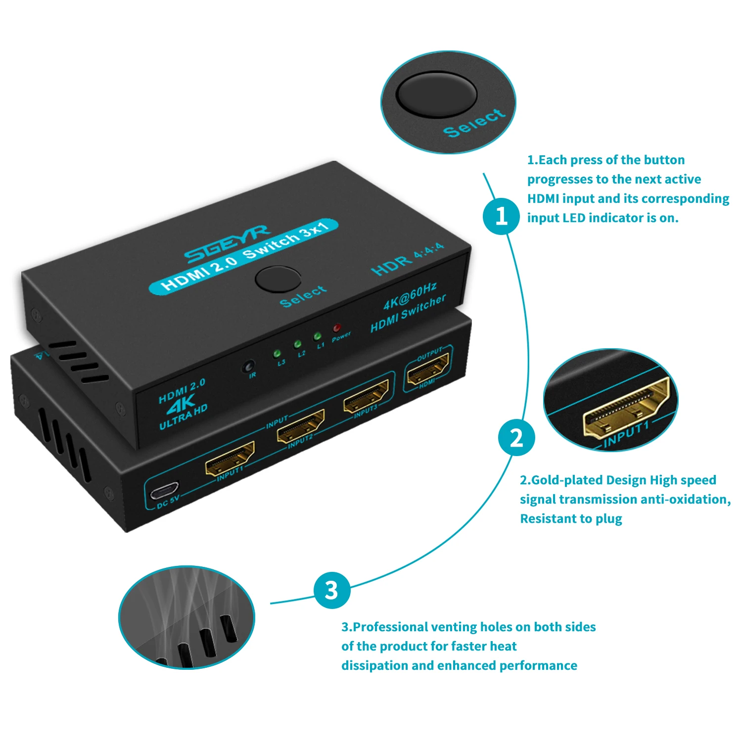 SGEYR 4K 3x1 HDMI коммутатор V2.0 3 порта HDMI коммутатор 3 в 1 выход HDMI Переключатель Селектор коробка с ИК-пультом дистанционного управления Поддержка 4 к 60 Гц Ul