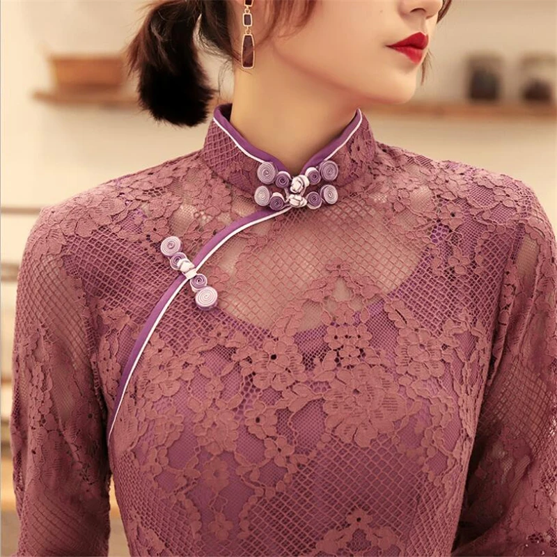 Сексуальное Кружевное китайское платье, женское шанхайское Ретро Ципао, длинное Ципао, элегантное традиционное черное розовое qi pao платье размера плюс 3XL