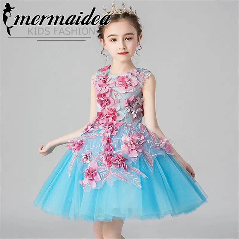 Элегантное Тюлевое платье принцессы с аппликацией в виде цветов для дня рождения, свадьбы, выпускного вечера для маленьких детей; детское платье-пачка в подарок