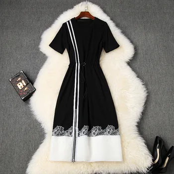 

Women casual dress summer 2020 short sleeve side color block white striped patchwork lace drawstringe black dresses