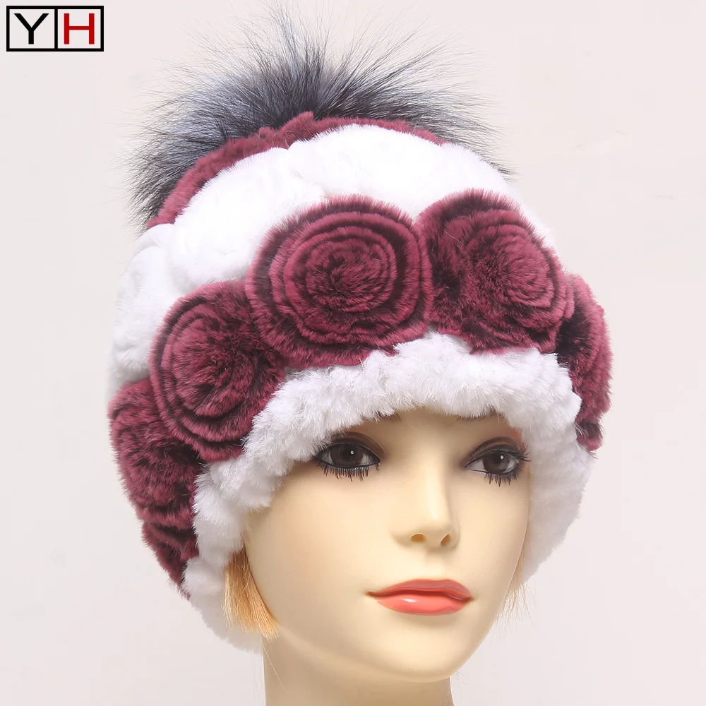 Женская меховая шапка из натурального меха кролика рекс с большим мехом лилисьим шаром. Русская Леди Зимняя теплая меховая шапка с цветочным дизайном натуральная меховая шапка